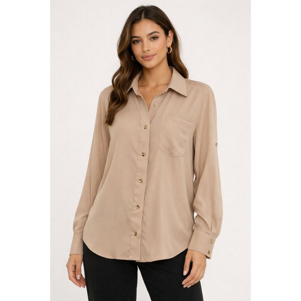 Latika Victoria Women’s Blouse Size 36 Beige Gold Buttons Long Sleeve NWT